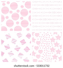 Set of romantic seamless patterns perfect for 'save the date' design, baby shower, mothers day, valentines day, birthday invitations, wedding design. Cute trendy templates in pink and white colors.