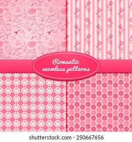 Set romantic seamless patterns, vector pink illustrations