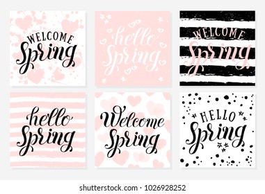Set of romantic spring cards, badge typography icon. Lettering spring season for greeting card, invitation template. Retro, vintage lettering banner poster template background