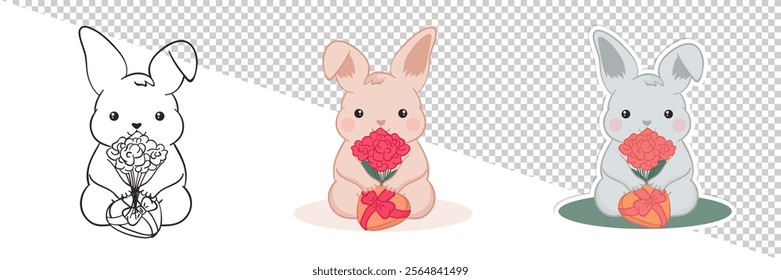 Set of romantic sticker, kawaii doodle art and outline illustration of a cute chubby bunny holding a heart-shaped gift box with a bow and a bouquet of beautiful flowers wishing Happy Valentine's Day. 