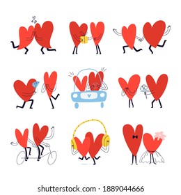 Conjunto de historias románticas con corazones de caricatura. Colección de parejas dibujadas a mano en el amor. Graciosa ilustración vectorial de personajes en forma de corazón aislado en fondo blanco.