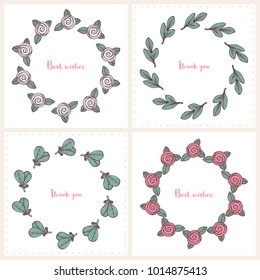 Set of romantic style hand drawn floral frames with flowers, leaves. Greeting card template background. Vector illustration