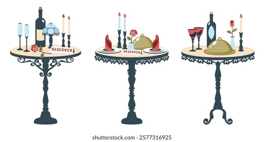 Set of Romantic tables restaurant. Vintage tables with romantic dinner. Festive table setting. Table for two with bottle of wine, lamp, napkins, wineglasses, flower, cutlery. Vector flat illustration