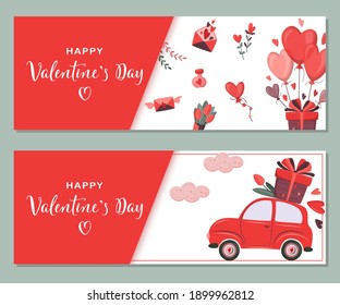 Set of romantic template of horizontal banner for Valentines Day. Cute retro car delivering gift and flower. Special delivery. Holiday background for discount, special offers. Vector design love conce
