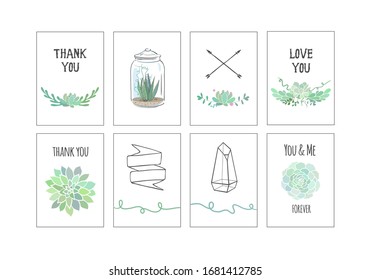 Set of romantic thank you cards with succulents. Vector gift tags with floral elements. Aesthetic and minimalis white cards with succulent flowers.
