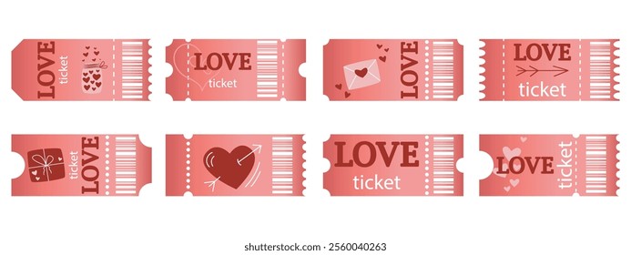 Set of romantic theme coupons and tickets for Valentine's Day, wedding or party. Design of tear-off tickets on the theme of love. Cute heart collection, vector graphics