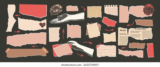 Set of romantic torn papers stickers. Tear sheet pieces with halftone hands and flowers pack. Blanks with uneven textured edges. Newspapers cutouts. Empty callout for text. Vector illustration.