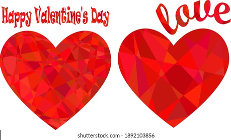 Set of romantic Valentin day cards with heart and lettering in low poly style