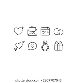 Set of romantic valentine day and wedding line icons with envelope calendar valentines marriage celebration minimalist romantic engagement