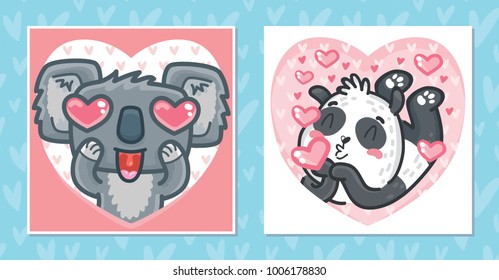 Set of romantic Valentine's Day cards with characters: Koala with heart eyes and cute Panda bear. Love illustrations with hearts background in hand drawn cartoon style