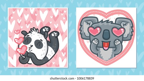 Set of romantic Valentine's Day cards with characters: Koala with heart eyes and cute Panda bear. Love illustrations with hearts background in hand drawn cartoon style