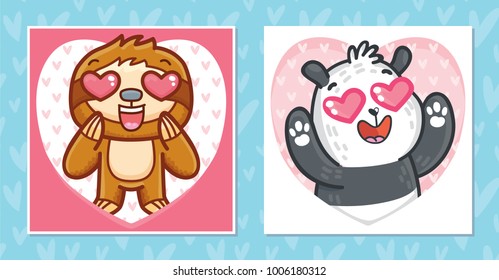 Set of romantic Valentine's Day cards with characters: Sloth with heart eyes and cute Panda bear. Love illustrations with hearts background in hand drawn cartoon style