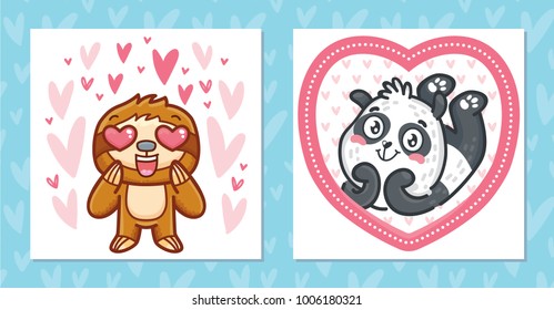 Set of romantic Valentine's Day cards with characters: Sloth with heart eyes and cute Panda bear. Love illustrations with hearts background in hand drawn cartoon style