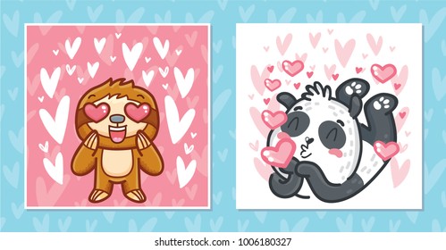 Set of romantic Valentine's Day cards with characters: Sloth with heart eyes and cute Panda bear. Love illustrations with hearts background in hand drawn cartoon style