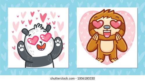 Set of romantic Valentine's Day cards with characters: Sloth with heart eyes and cute Panda bear. Love illustrations with hearts background in hand drawn cartoon style