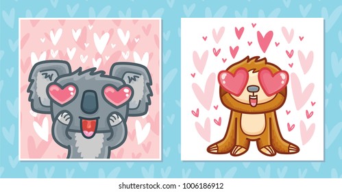 Set of romantic Valentine's Day cards with characters: Koala with heart eyes and cute Sloth. Love illustrations with hearts background in hand drawn cartoon style