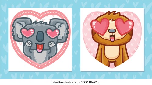 Set of romantic Valentine's Day cards with characters: Koala with heart eyes and cute Sloth. Love illustrations with hearts background in hand drawn cartoon style