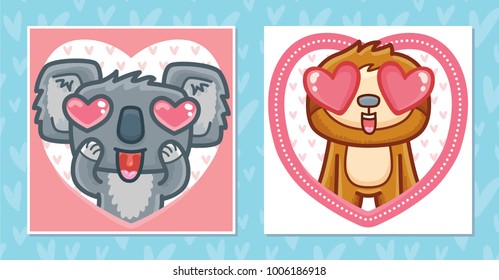 Set of romantic Valentine's Day cards with characters: Koala with heart eyes and cute Sloth. Love illustrations with hearts background in hand drawn cartoon style