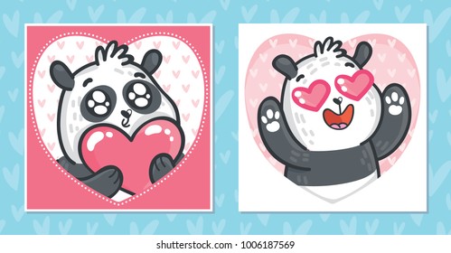 Set of romantic Valentine's Day cards with cute Panda teddy bear character. Love illustrations with hearts background in hand drawn cartoon style