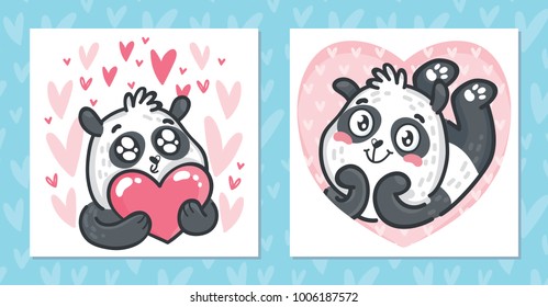 Set of romantic Valentine's Day cards with cute Panda teddy bear character. Love illustrations with hearts background in hand drawn cartoon style