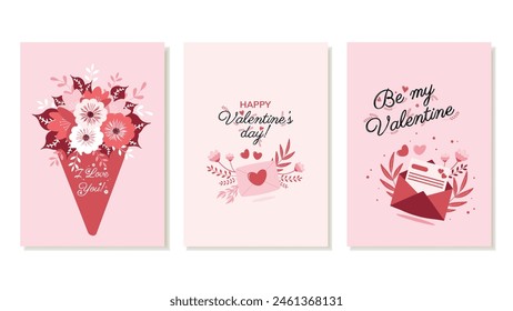 Set of romantic Valentine's Day cards. February 14, festive greeting card, with bouquet, envelope, love message. Vector illustration.