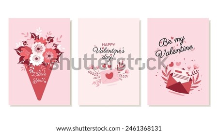 Set of romantic Valentine's Day cards. February 14, festive greeting card, with bouquet, envelope, love message. Vector illustration.