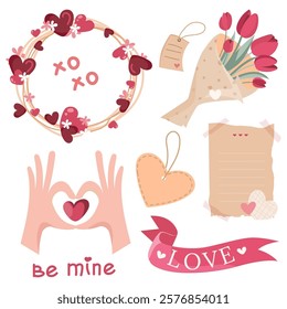 Set of romantic Valentine's Day elements: hearts, flowers, love letter, hands forming heart shape and decorative banners. Cute hand drawn Valentine's Day love icons, stickers, print, emblems. Vector