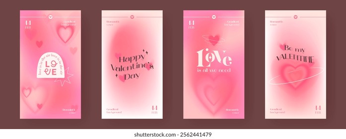 Set of romantic Valentine's Day gradient backgrounds. Elegant pink designs with modern typography and glowing hearts, love concept. Trendy modern template for banner, poster, card, social media posts.