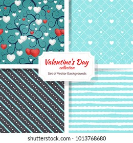 Set of Romantic Valentine's Day Seamless Patterns. Endless vector illustration. Cute and fancy background for wallpaper, website, textile, greeting cards, wedding invitations, wrapping, printing.