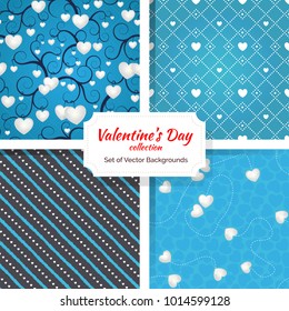 Set of Romantic Valentine's Day Seamless Patterns. Endless vector illustration. Cute and fancy background for wallpaper, website, textile, greeting cards, wedding invitations, wrapping, printing.