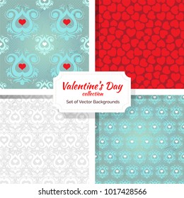 Set of Romantic Valentine's Day Seamless Patterns. Endless vector illustration. Cute and fancy background for wallpaper, website, textile, greeting cards, wedding invitations, wrapping, printing.