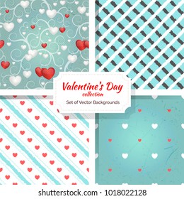 Set of Romantic Valentine's Day Seamless Patterns. Endless vector illustration. Cute and fancy background for wallpaper, website, textile, greeting cards, wedding invitations, wrapping, printing.