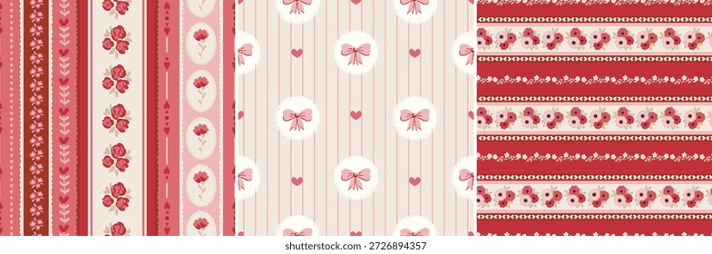 Conjunto de românticos padrões sem emenda do dia dos namorados, repetindo fundos digitais. Listras, linhas, corações, flores casamento papéis digitais