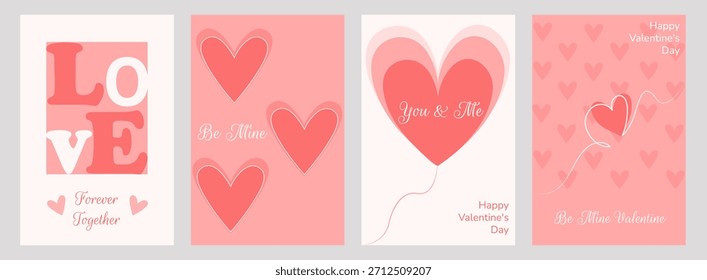 Set of romantic Valentine's Day vector illustrations with hearts and text for cards, banners, posters, celebrations, ads, branding, covers, labels, and sales.