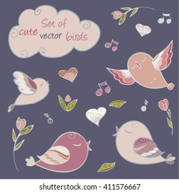 Set of romantic vector birds, flowers, hearts ans notes.Nice art for design.