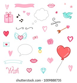 Set of romantic vector elements. Gift, hearts, flower, lips and other. Valentines day characters and illustrations. Simple linear pictogram. Thin line style.