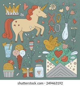 Set of romantic vector elements. Handdrawn doodle ValentineÃ¢Â?Â?s day characters and illustrations. Cute save the date or wedding card design elements. 