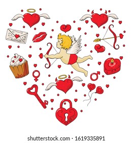 Set of romantic vector elements in the shape of a heart: cake, key, lock, envelope, lips, angel, demon, Venus, Mars, balloon, Cupid, bow, arrows. Print on clothes, design of cards for Valentine's Day.