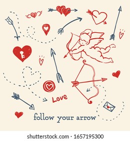 Set of romantic vector elements in the shape of a heart