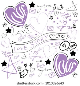 Set of romantic vector icon in design. Lettering, Cupid, birds, hearts and other. Valentine's day characters and illustrations.