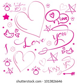 Set of romantic vector icon in design. Lettering, Cupid, birds, hearts and other. Valentine's day characters and illustrations.