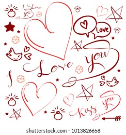 Set of romantic vector icon in design. Lettering, Cupid, birds, hearts and other. Valentine's day characters and illustrations.