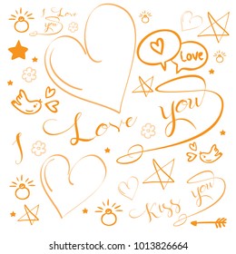 Set of romantic vector icon in design. Lettering, Cupid, birds, hearts and other. Valentine's day characters and illustrations.