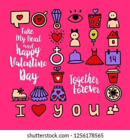 Set of romantic vector icon in doodle design. Valentine's day and Love symbols and illustrations. For cards, web or print banners, flyers. Calligraphy style greetings