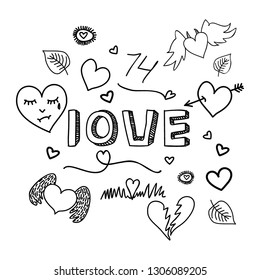 Set of romantic vector icon in doodle design. Lettering, hearts, leaves and other. Valentine's day characters and illustrations. 