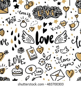 Set of romantic vector icon in doodle design. Lettering, birds, hearts, flower, lips and other. Valentine's day characters and illustrations. Seamless pattern