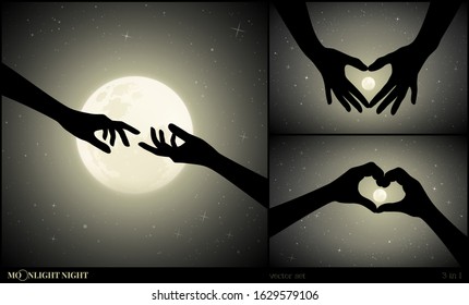 Set of romantic vector illustration with hand gesture silhouettes on moonlit night. Reaching hands, heart shaped hands. Full moon in starry sky