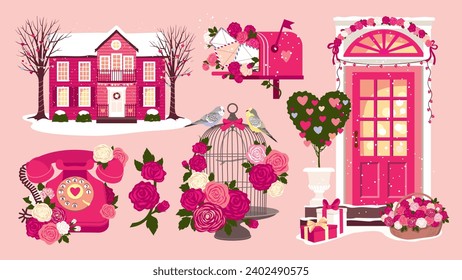 A set of romantic vector illustrations for Valentine's Day. Decorated house and Valentine's Day gifts. Front door, bouquets of roses, house, cage with budgies, vintage phone, mailbox with letters.