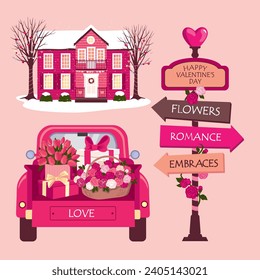 Un conjunto de ilustraciones vectoriales románticas para el Día de San Valentín. Casa decorada y regalos de San Valentín. Un auto con regalos en el maletero. Una señal de carretera. Clíparte vectorial ilustrada.