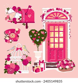 A set of romantic vector illustrations for Valentine's Day. Vintage phone, flowers, a cage with loving parrots, decorated front door, vintage mailbox. Illustrated vector clipart.